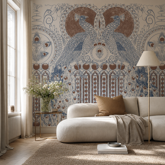 Paon Oriental #1 - Peacock living room wallpaper - custom mural printed and installed in Dubai
