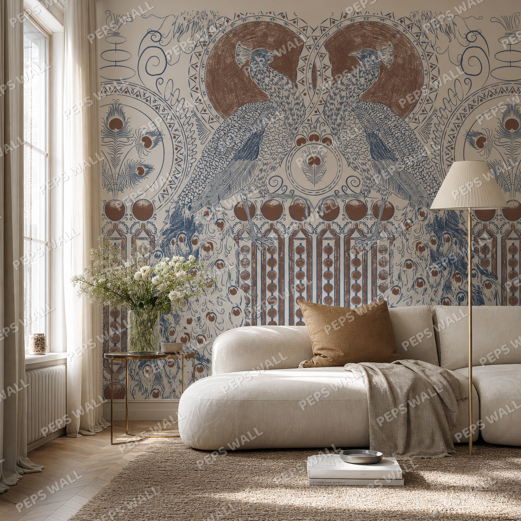 Paon Oriental #1 - Peacock living room wallpaper - custom mural printed and installed in Dubai