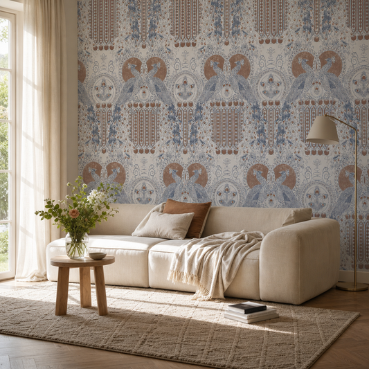 Paon Oriental #2 - Peacock living room wallpaper - custom mural printed and installed in Dubai