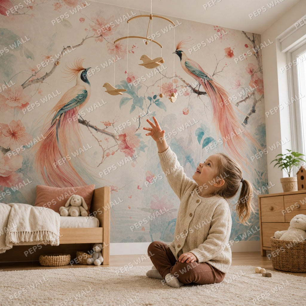 Paradise Birds - Watercolor wallpaper mural — kids room mockup