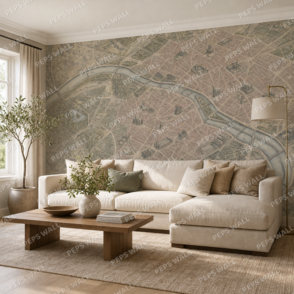 Paris 1900 Plan wallpaper in a Dubai living room - Peps Wall
