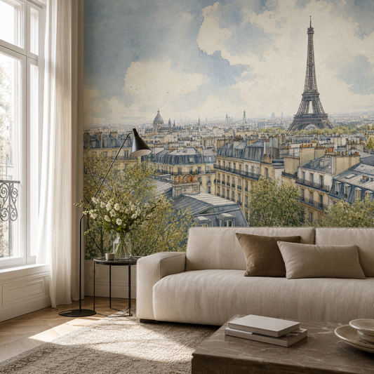 Paris Sketch living room wallpaper - custom mural printed and installed in Dubai