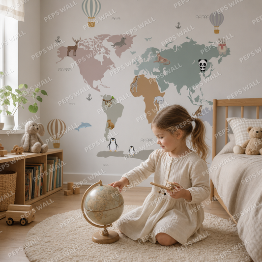 Pastel Map kids room wallpaper - custom mural printed and installed in Dubai