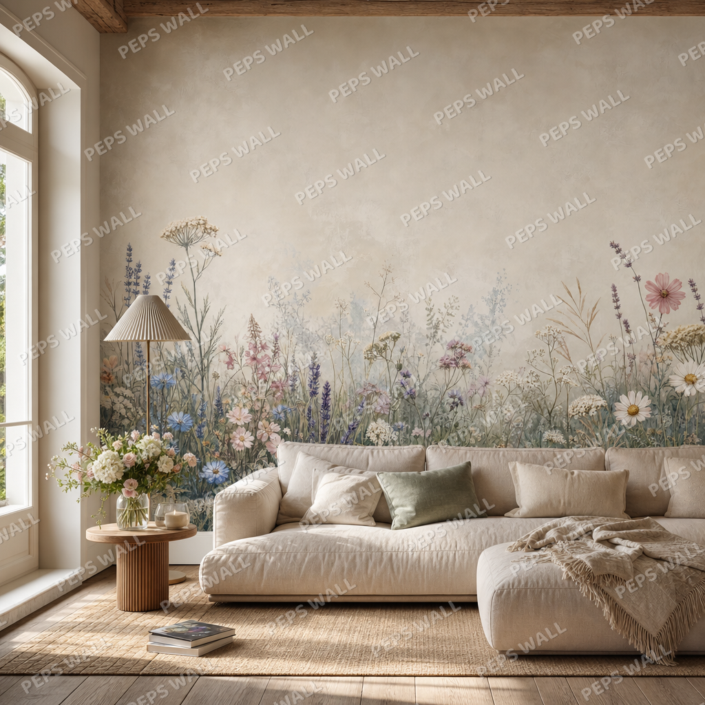 Pastel Meadow Flowers living room wallpaper - custom mural printed and installed in Dubai