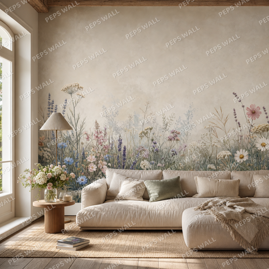 Pastel Meadow Flowers living room wallpaper - custom mural printed and installed in Dubai