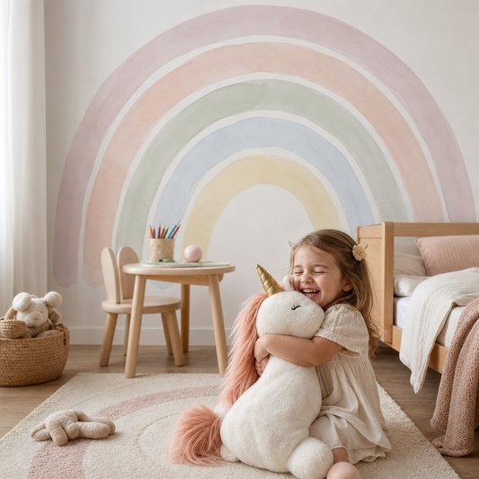 Pastel Rainbow kids room wallpaper - custom mural printed and installed in Dubai