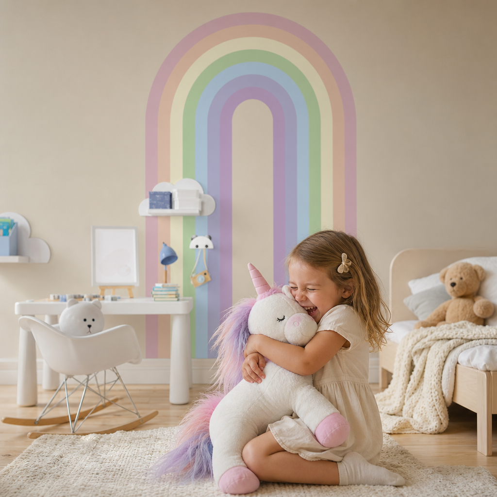 Pastel Rainbow kids room wallpaper - custom mural printed and installed in Dubai