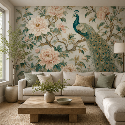 Peacock & Peony wallpaper in a Dubai living room - Peps Wall