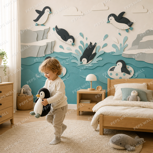 Penguin Pool Party wallpaper in a Dubai kids bedroom - Peps Wall