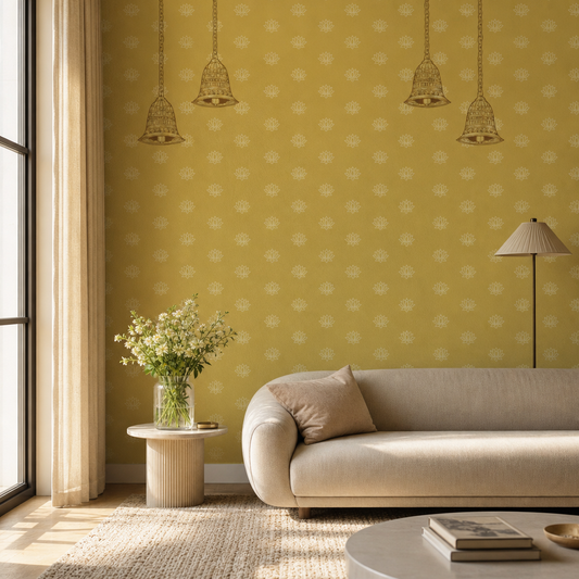 Pichwai Lotus Pattern living room wallpaper - custom mural printed and installed in Dubai