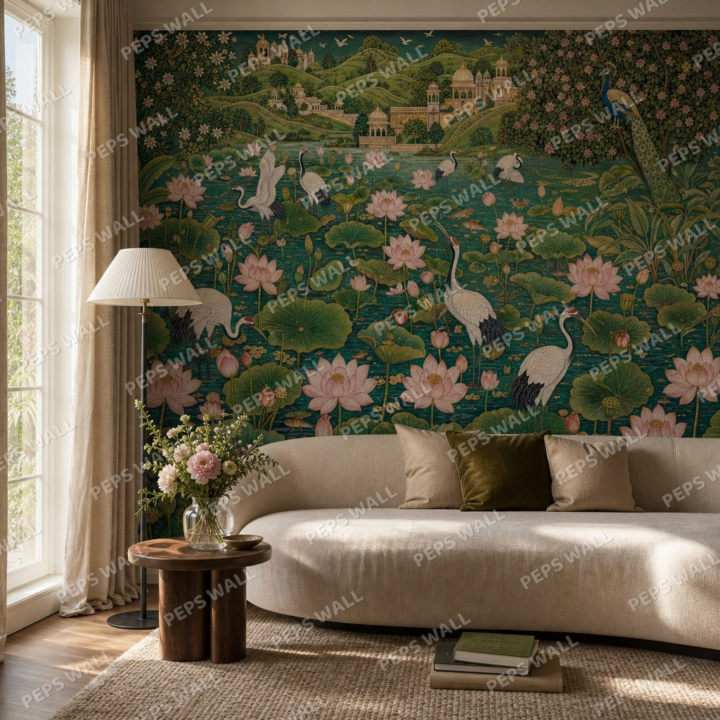 Pichwai Lotus Pond - Heritage wallpaper mural — living room mockup