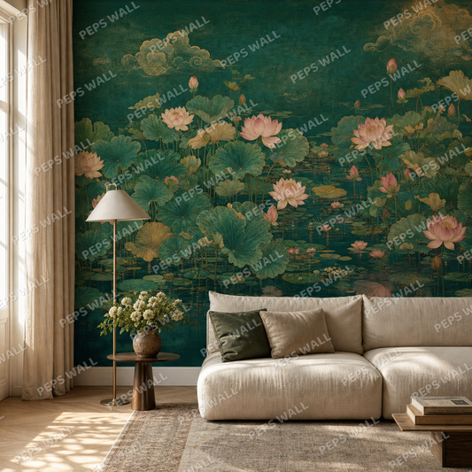 Pichwai Lotus Pond living room wallpaper - custom mural printed and installed in Dubai