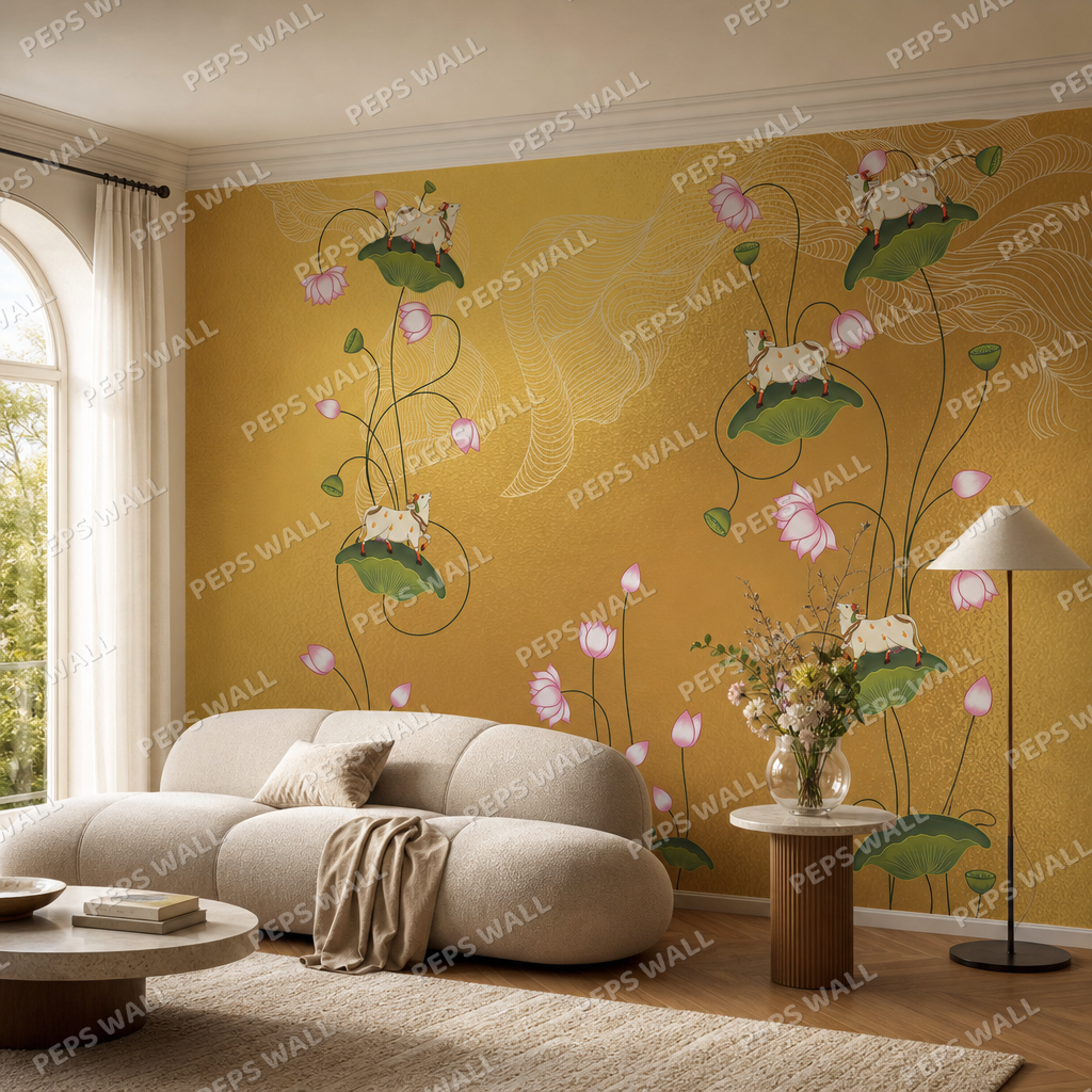 Pichwai Pattern Tree living room wallpaper - custom mural printed and installed in Dubai