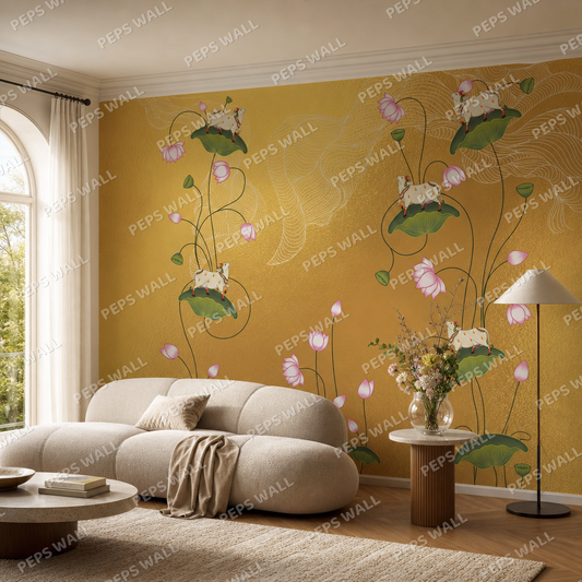 Pichwai Pattern Tree living room wallpaper - custom mural printed and installed in Dubai