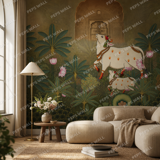 Pichwai Scene living room wallpaper - custom mural printed and installed in Dubai