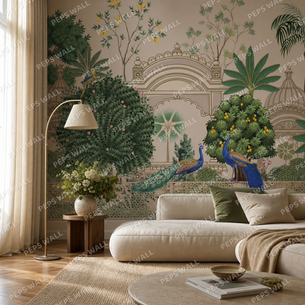 Pichwai Scenery living room wallpaper - custom mural printed and installed in Dubai