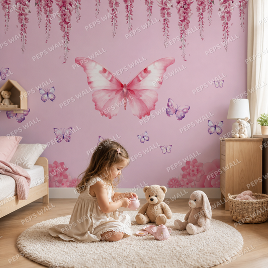 Pink Butterfly kids room wallpaper - custom mural printed and installed in Dubai