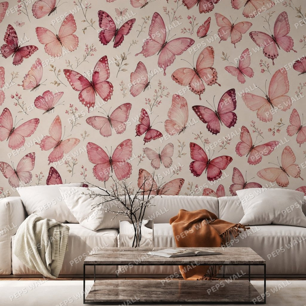 Pink Butterfly Mural — butterfly wallpaper mural, Peps Wall Dubai