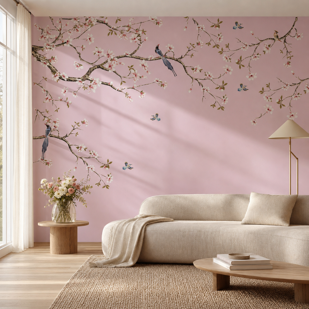 Pink Chinoiserie living room wallpaper - custom mural printed and installed in Dubai
