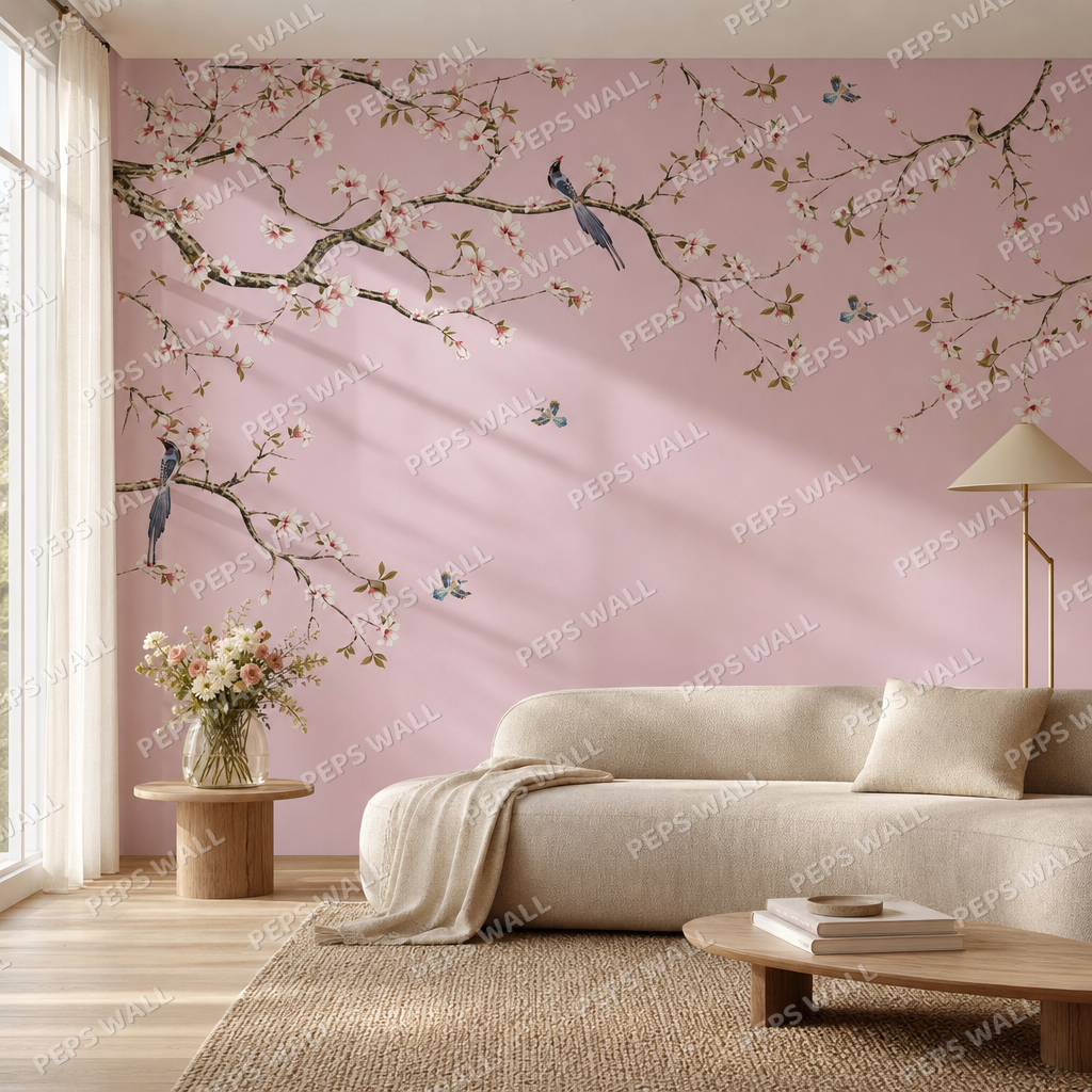 Pink Chinoiserie living room wallpaper - custom mural printed and installed in Dubai