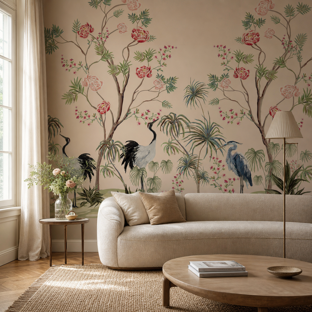 Pink scenery living room wallpaper - custom mural printed and installed in Dubai
