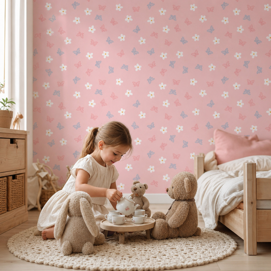 Pink Spring - Butterflies & flowers kids room wallpaper - custom mural printed and installed in Dubai