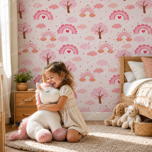 Pink Trees and Rainbows kids room wallpaper - custom mural printed and installed in Dubai