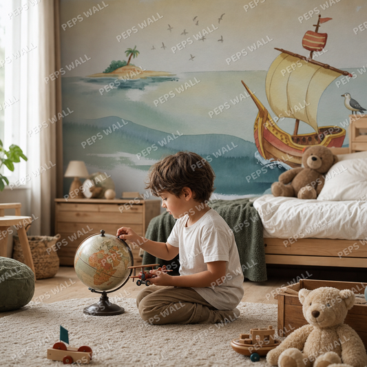 Pirate Ship Ocean Adventure kids room wallpaper - custom mural printed and installed in Dubai