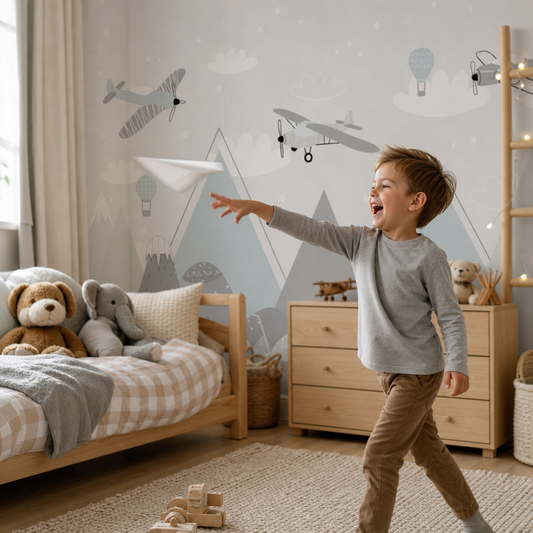 Planes in blue mountains kids room wallpaper - custom mural printed and installed in Dubai
