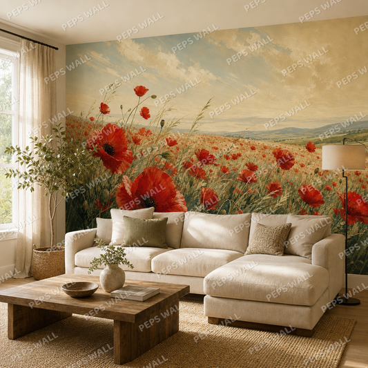 Poppy Meadow wallpaper in a Dubai living room - Peps Wall