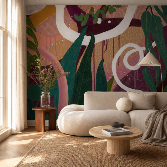 Printemps d'Orient living room wallpaper - custom mural printed and installed in Dubai