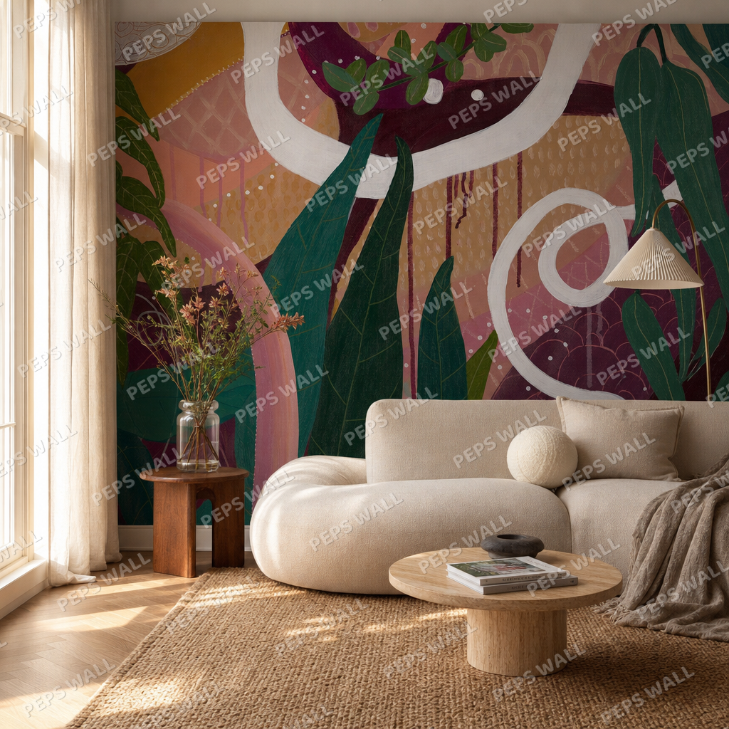 Printemps d'Orient living room wallpaper - custom mural printed and installed in Dubai