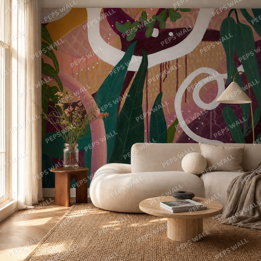Printemps d'Orient living room wallpaper - custom mural printed and installed in Dubai