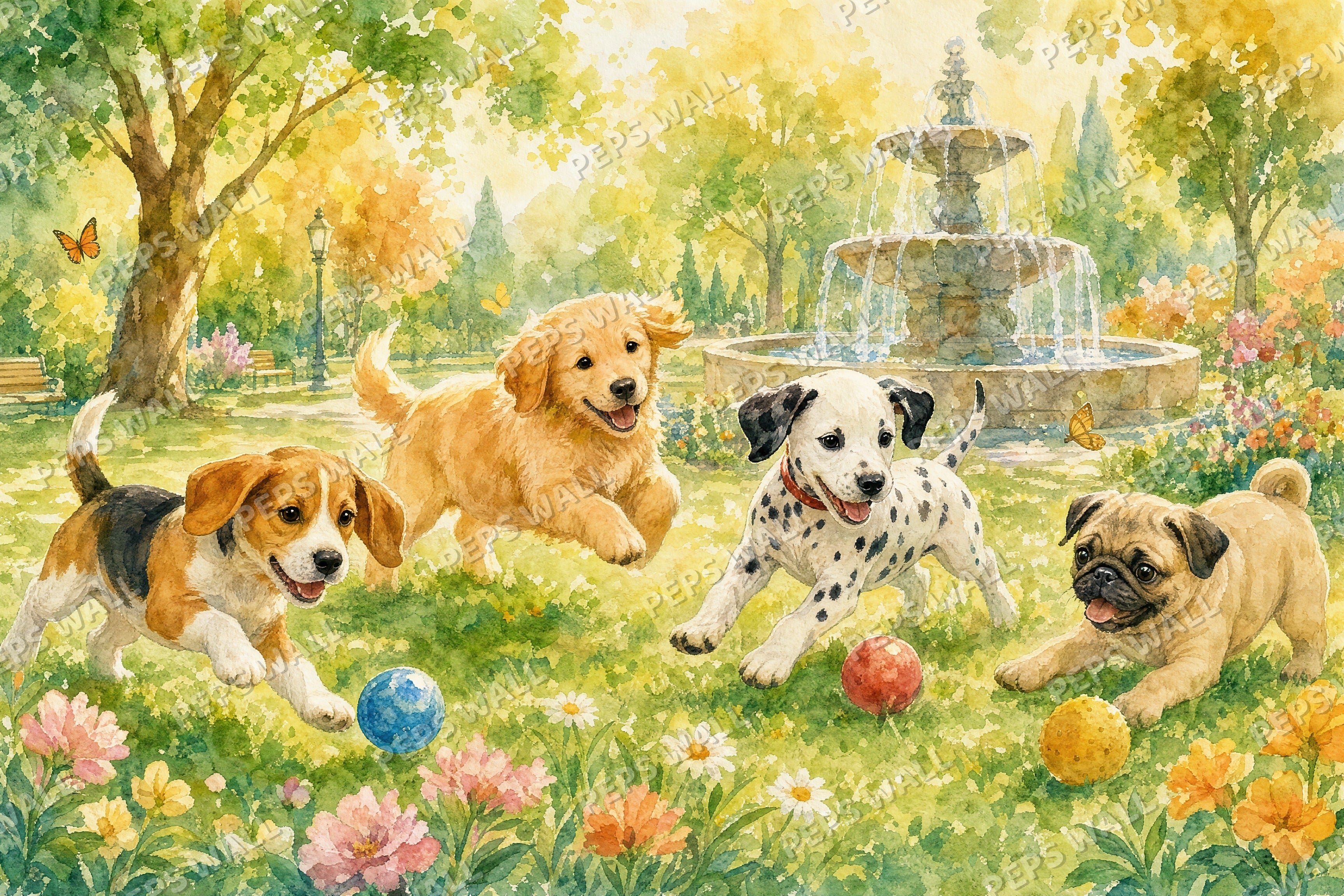 Puppy Park - Watercolor full wall mural design
