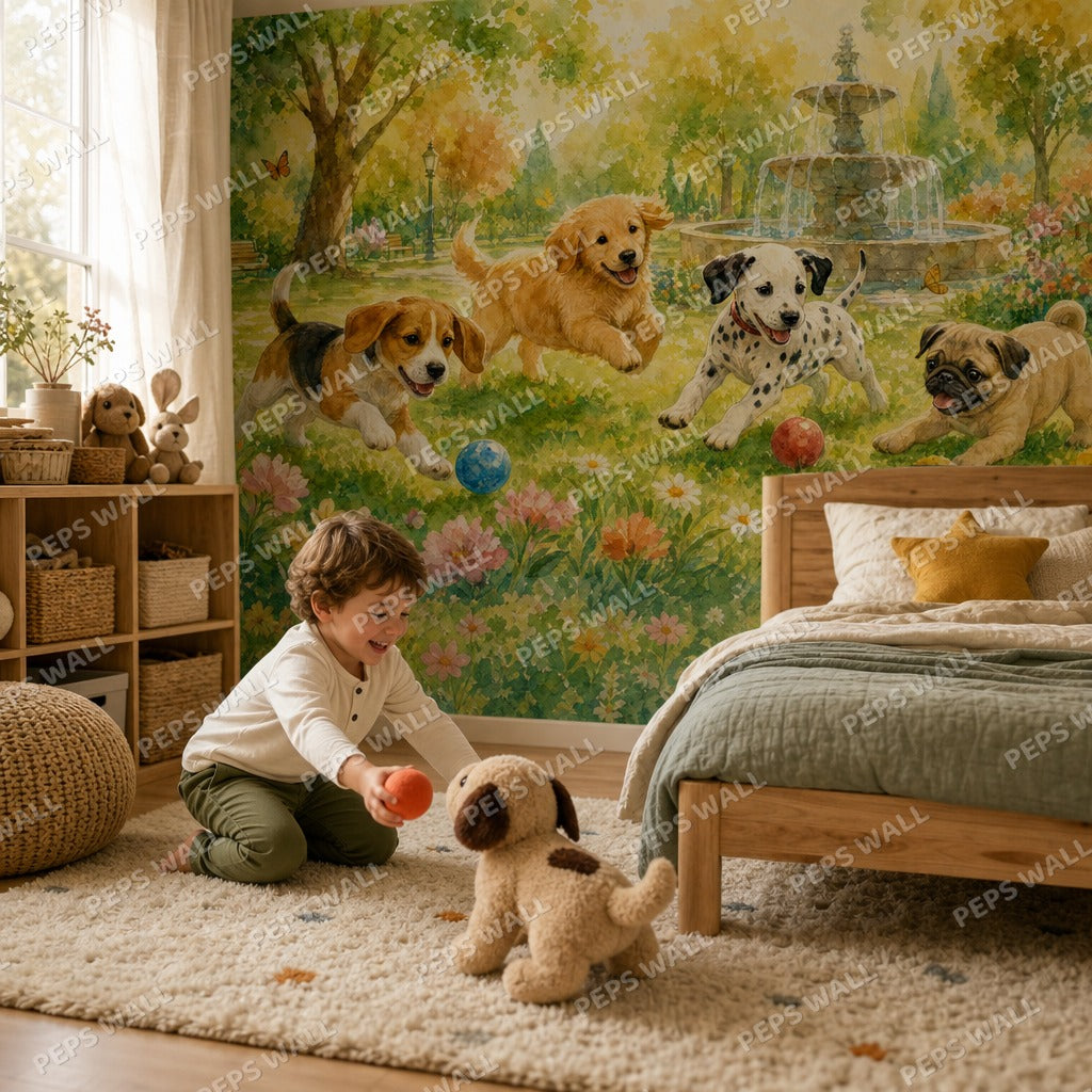 Puppy Park - Watercolor wallpaper mural — kids room mockup