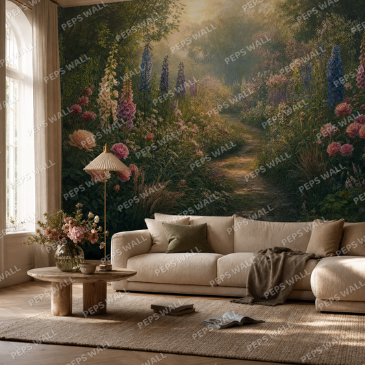 Quiet English Garden living room wallpaper - custom mural printed and installed in Dubai
