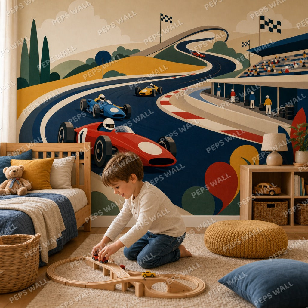 Race Track Champions - Minimalist Graphic wallpaper mural — kids room mockup