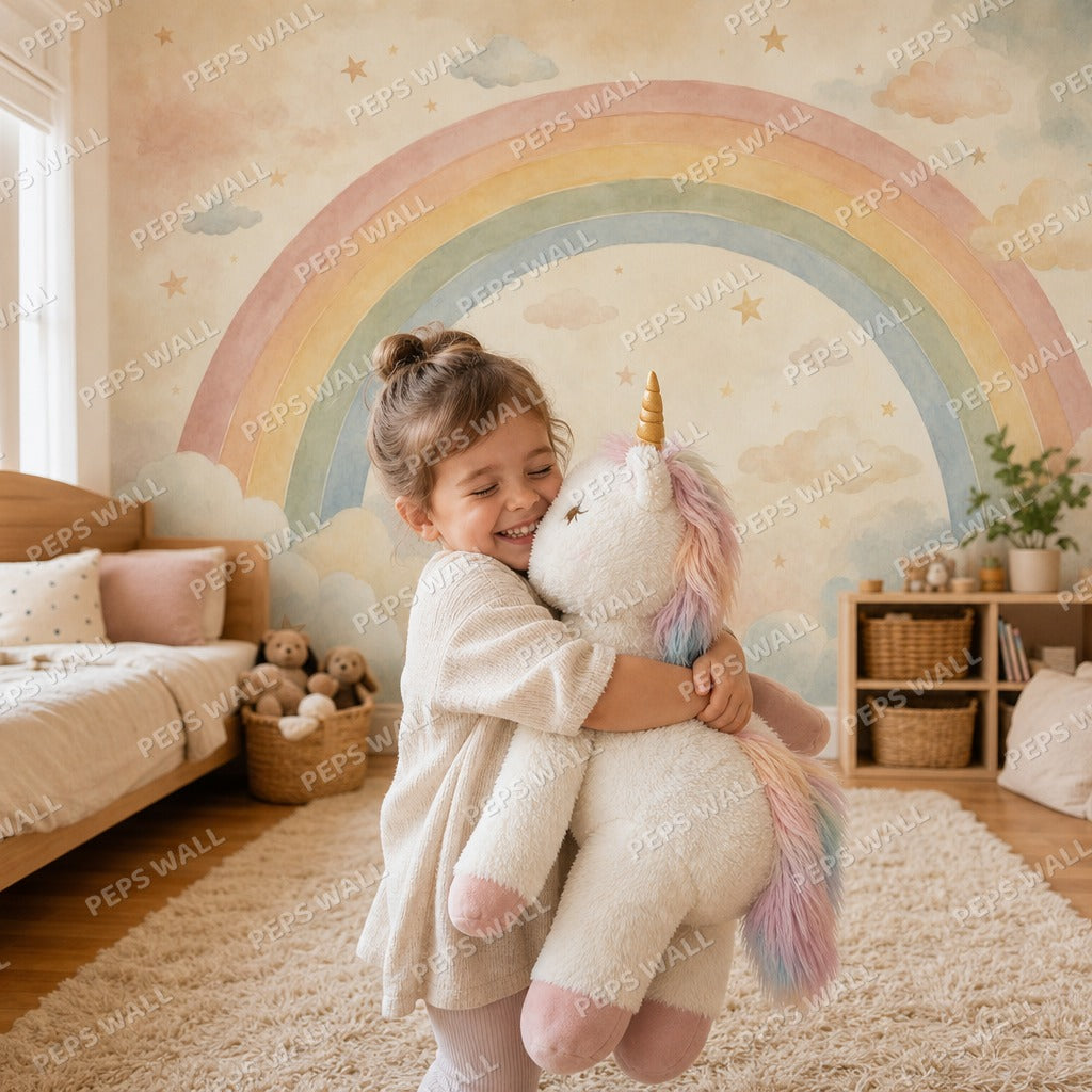 Rainbow Arc Dreams - Watercolor wallpaper mural — kids room mockup