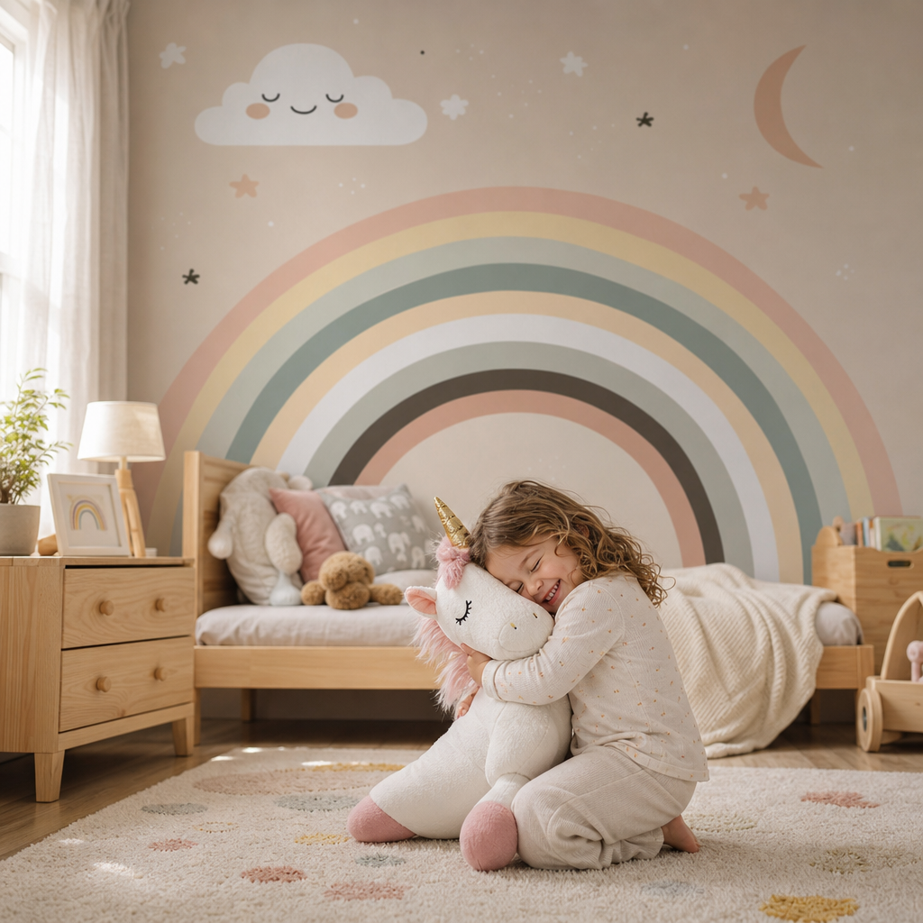 Rainbow & Clouds kids room wallpaper - custom mural printed and installed in Dubai