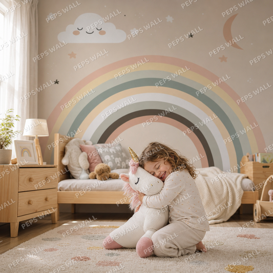 Rainbow & Clouds kids room wallpaper - custom mural printed and installed in Dubai