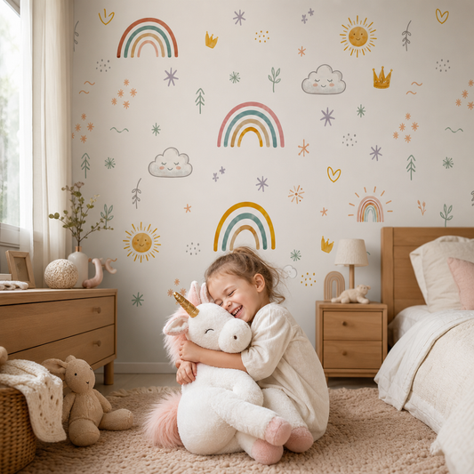 Rainbow Doodle kids room wallpaper - custom mural printed and installed in Dubai