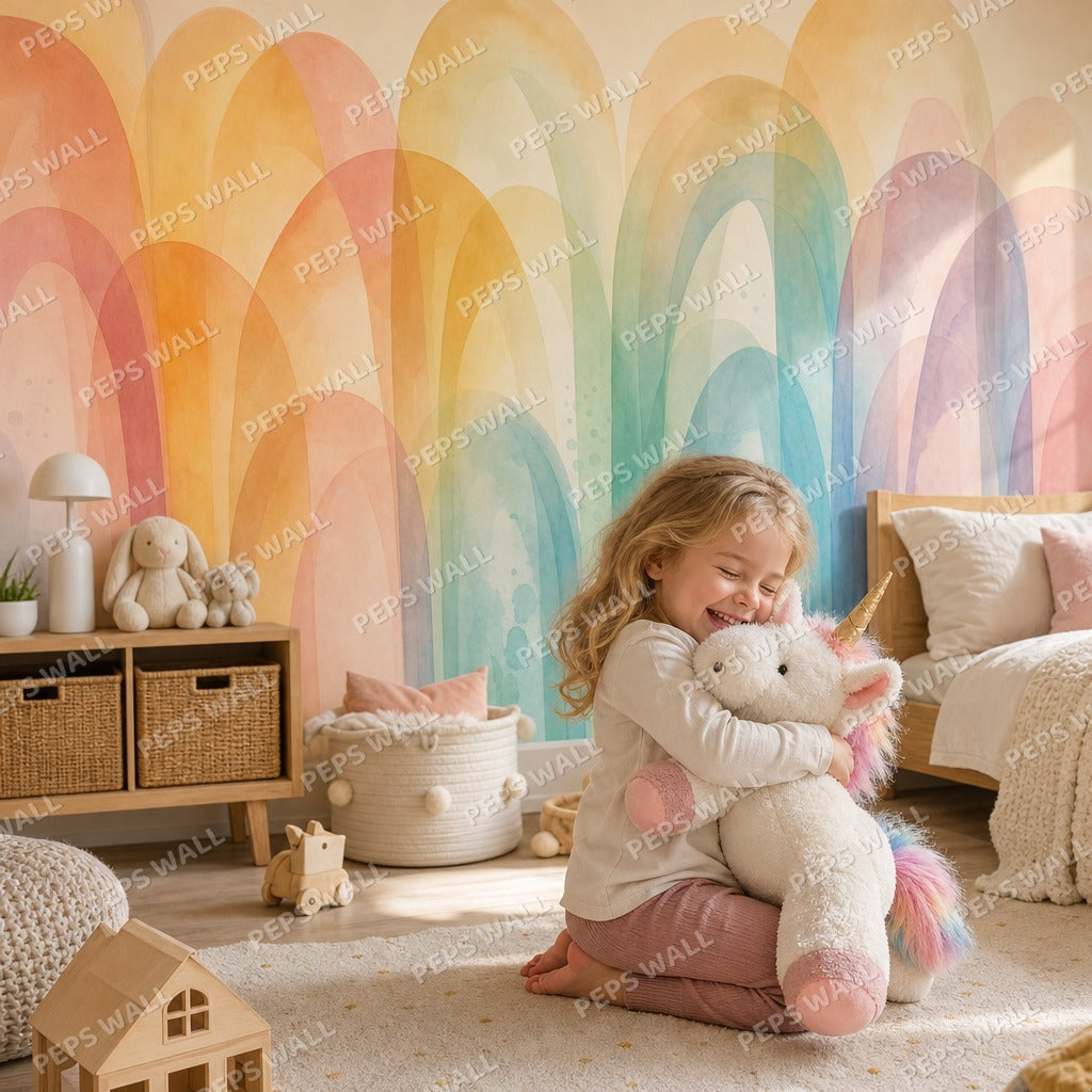 Rainbow Ribbons - Soft Abstract wallpaper mural — kids room mockup