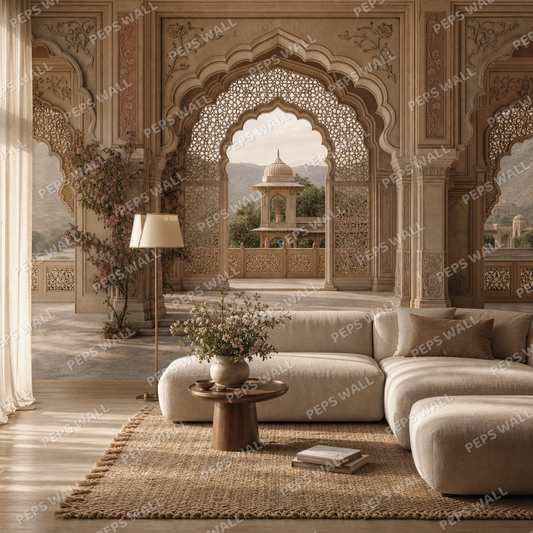 Rajasthani Jaali Arches living room wallpaper - custom mural printed and installed in Dubai