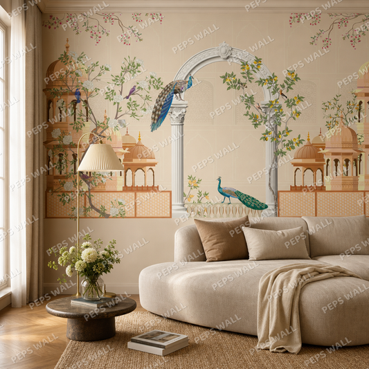 Rangoli Dusk living room wallpaper - custom mural printed and installed in Dubai