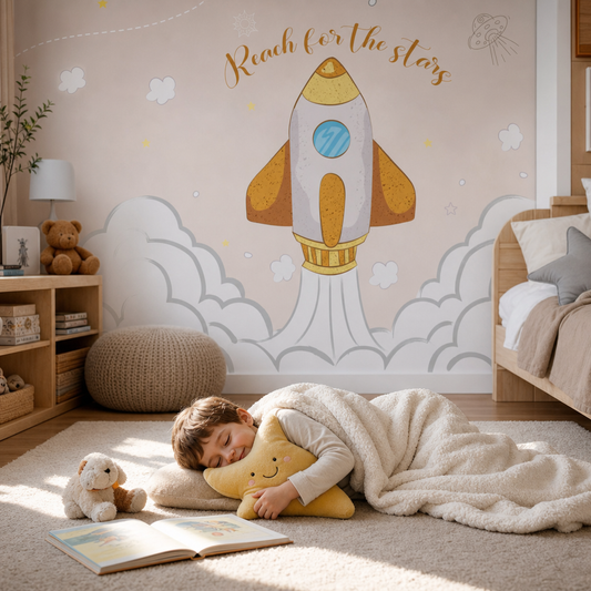 Reach for the stars kids room wallpaper - custom mural printed and installed in Dubai