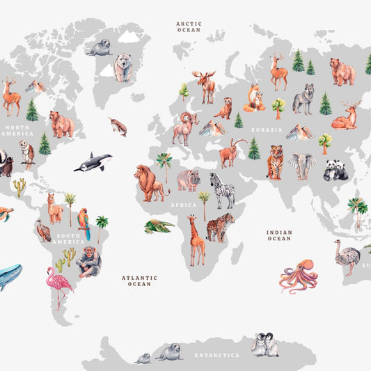 World Map Grey - Realistic Animals