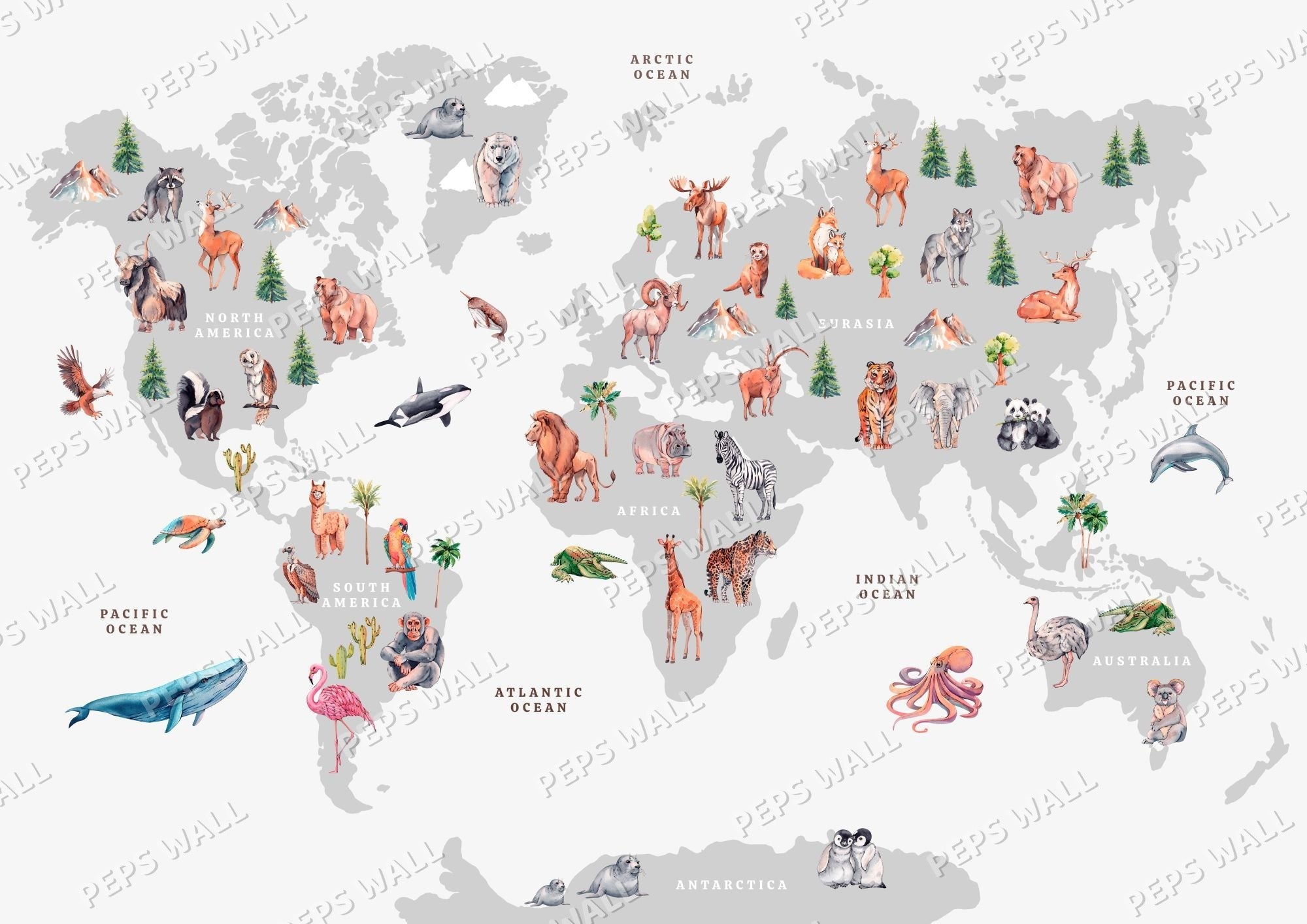 World Map Grey - Realistic Animals