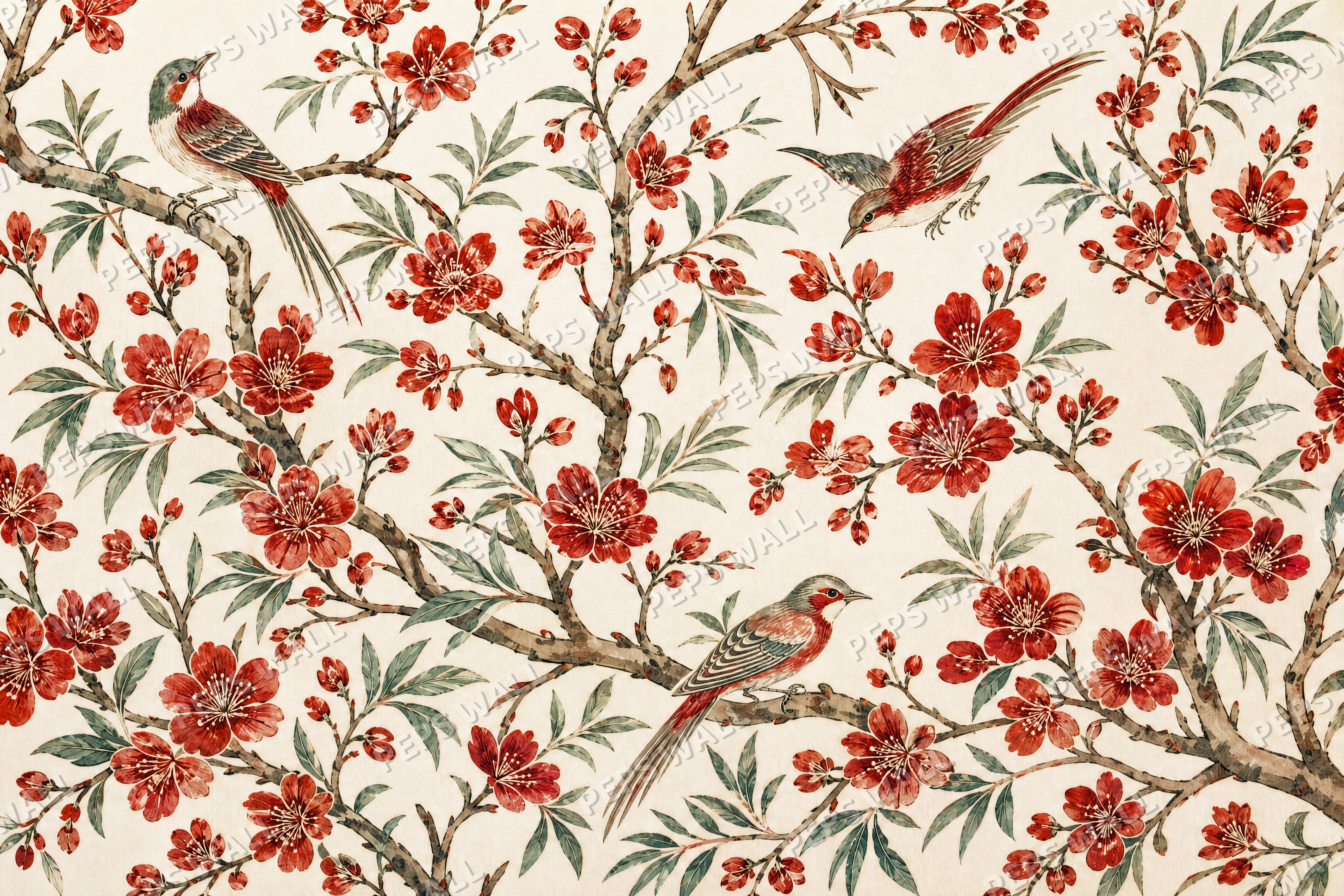 Scarlet Garden Birds - made-to-measure wall mural design by Peps Wall Dubai