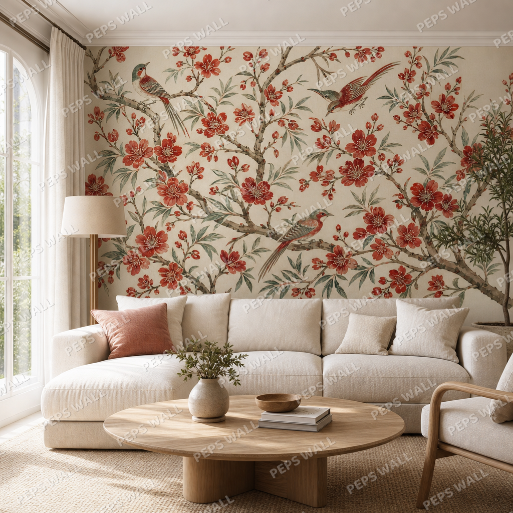 Scarlet Garden Birds wallpaper in a Dubai living room - Peps Wall