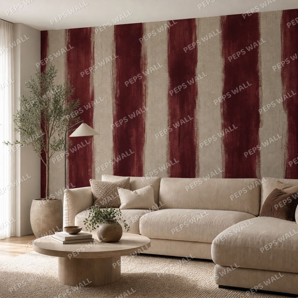 Bordeaux Stripes wallpaper in a Dubai living room - Peps Wall